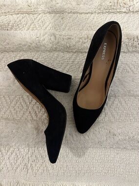 Express Black Suede Pointed Block Heel Pumps